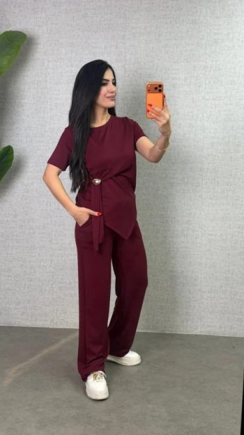 Kadın Kısa Kollu Bisiklet Yaka Yandan Toka Detaylı Viskon Iki Iplik Bluz Ve Pantolon Ikili Takım