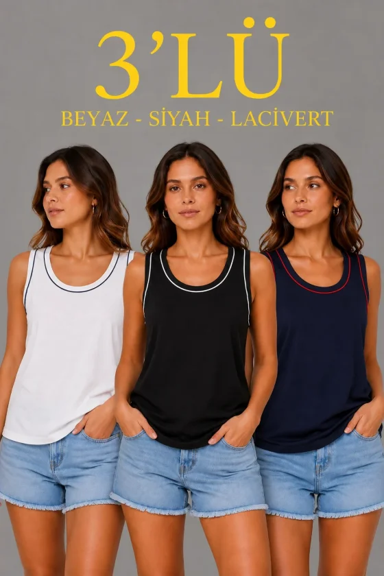 3’lü Kolsuz Sporcu Atlet Seti Yazlık Bisiklet Yakalı - Siyah, Lacivert, Beyaz - Görsel 2