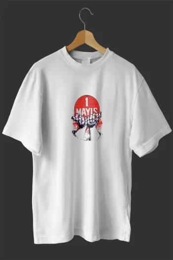 1 Mayıs Emek Ve Dayanışma Günü Baskılı Oversize Bisiklet Yaka T-shirt - Beyaz