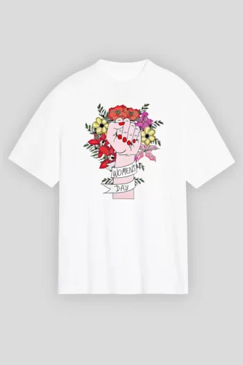 8 Mart Dünya Kadınlar Günü Baskılı Oversize Bisiklet Yaka T-shirt - Beyaz