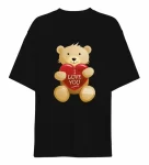 14 Şubat Sevgililer Günü I Love You Ayı Baskılı Oversize Bisiklet Yaka T-shirt - Siyah