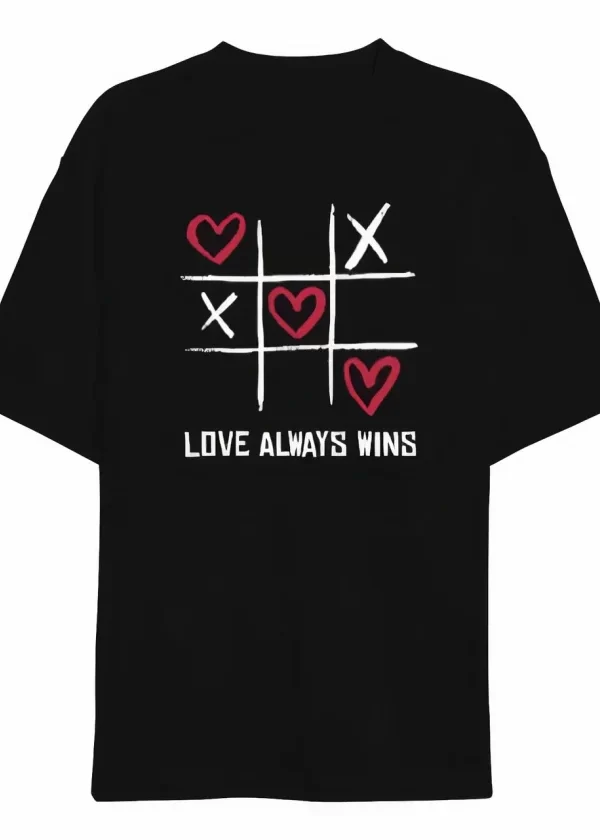 14 Şubat Sevgililer Günü Love Always Wins Baskılı Oversize Bisiklet Yaka T-shirt - Siyah
