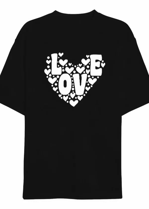 14 Şubat Sevgililer Günü Love Kalp Baskılı Oversize Bisiklet Yaka T-shirt - Siyah