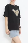 14 Şubat Sevgililer Günü Leopar Kalp Baskılı Oversize Bisiklet Yaka T-shirt – Siyah Marketplace