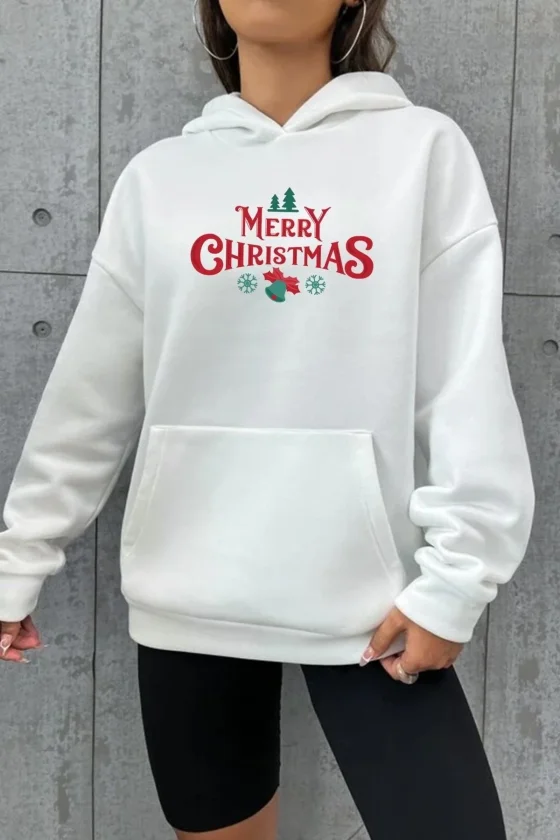 Yılbaşı Merry Christmas Baskılı Oversize Kapüşonlu Sweatshirt Hoodie - Beyaz - Görsel 2