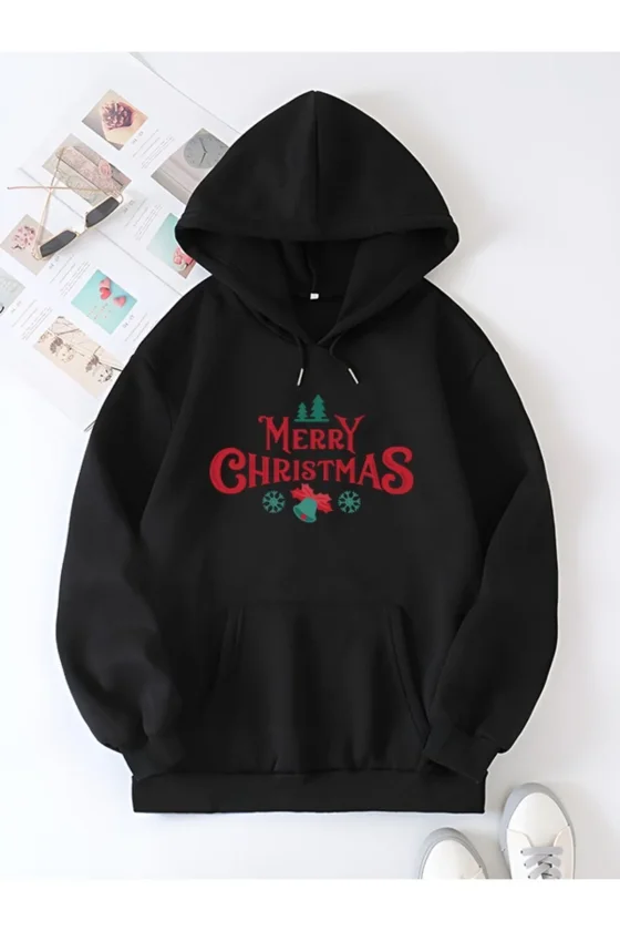 Yılbaşı Merry Christmas Baskılı Oversize Kapüşonlu Sweatshirt Hoodie - Siyah - Görsel 2