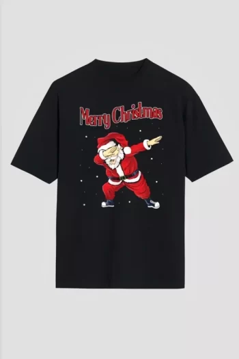 Yılbaşı Merry Christmas Noel Baba Baskılı Oversize Bisiklet Yaka T-shirt - Siyah