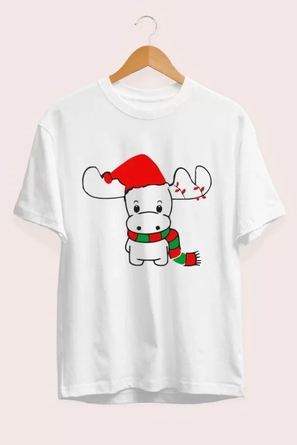Yılbaşı Noel Ren Geyiği Baskılı Kısa Kollu Oversize Bisiklet Yaka T-shirt - Beyaz