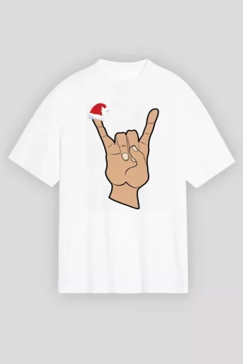 Yılbaşı Noel Başlıklı Serçe Parmak Baskılı Oversize Bisiklet Yaka T-shirt - Beyaz