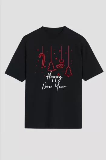 Yılbaşı Happy New Year Baskılı Kısa Kollu Oversize Bisiklet Yaka T-shirt - Siyah