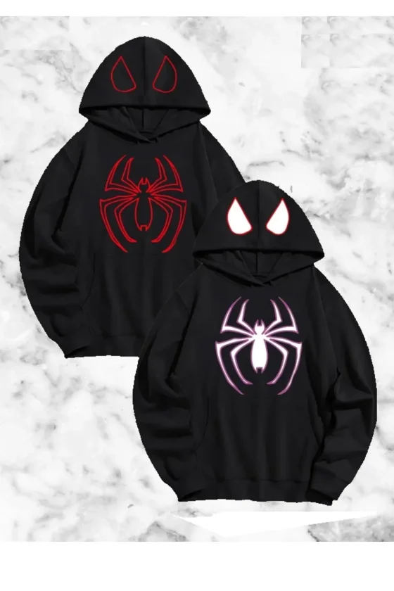 Sevgili Çift Kombini Örümcek Baskılı Kapüşonlu Sweatshirt Hoodie - Siyah - Görsel 2
