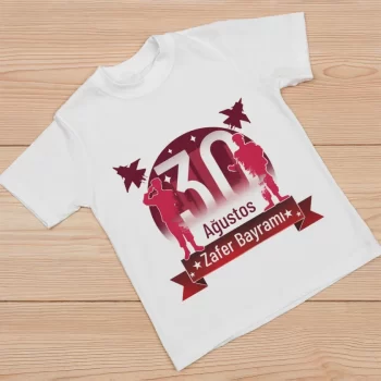 Ağustos Zafer Bayramı Atatürk Baskılı Kısa Kollu Bisiklet Yaka T-shirt - Beyaz