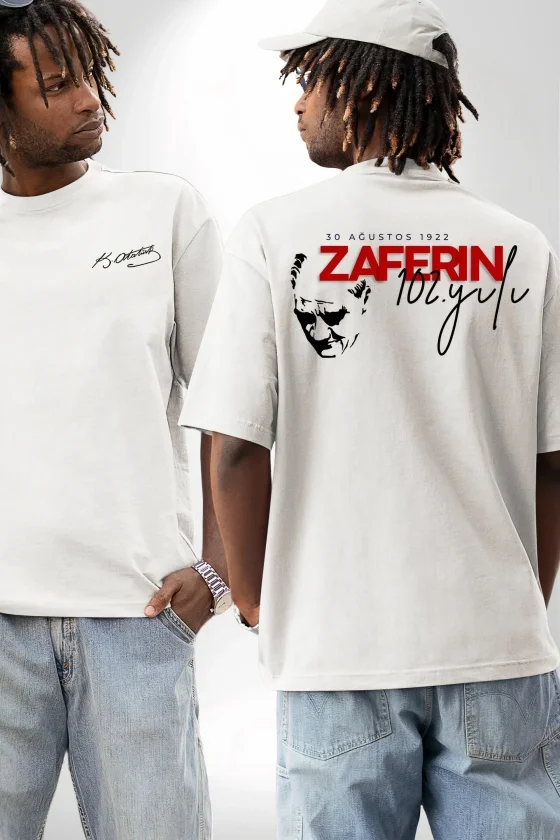 30 Ağustos Zafer Bayramı Ön Arka Baskılı Oversize Bisiklet Yaka T-shirt - Beyaz - Görsel 2