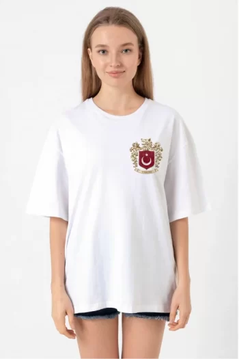 Türk Arma Baskılı Oversize Bisiklet Yaka Günlük T-shirt - Beyaz