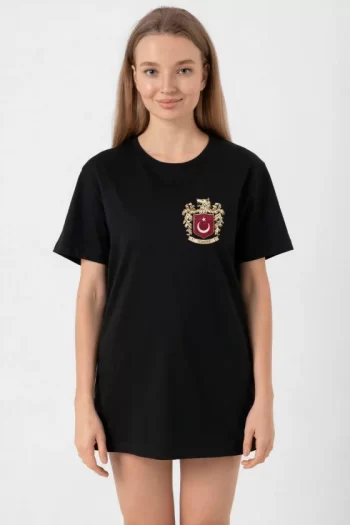 Türk Arma Baskılı Oversize Bisiklet Yaka Günlük T-shirt - Siyah
