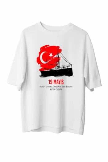 19 Mayıs Atatürkü Anma Gençlik Ve Spor Bayramı Baskılı Oversize T-shirt - Beyaz