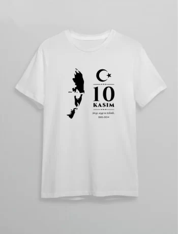10 Kasım Atatürk Anma Günü Silüet Baskılı Oversize Bisiklet Yaka T-shirt - Beyaz