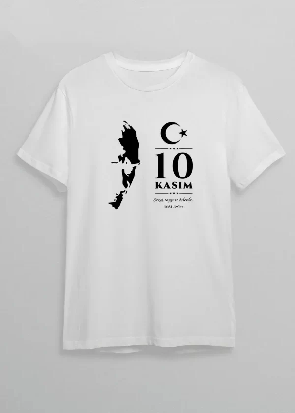 10 Kasım Atatürk Anma Günü Silüet Baskılı Oversize Bisiklet Yaka T-shirt - Beyaz