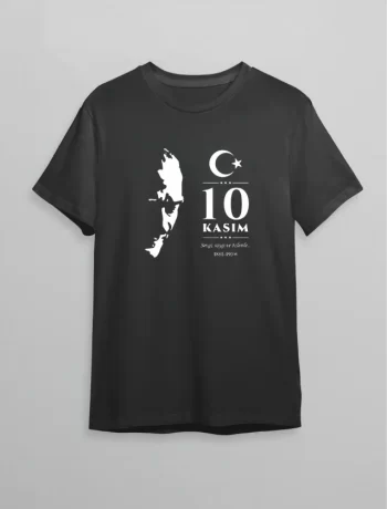 10 Kasım Atatürk Anma Günü Silüet Baskılı Oversize Bisiklet Yaka T-shirt - Siyah