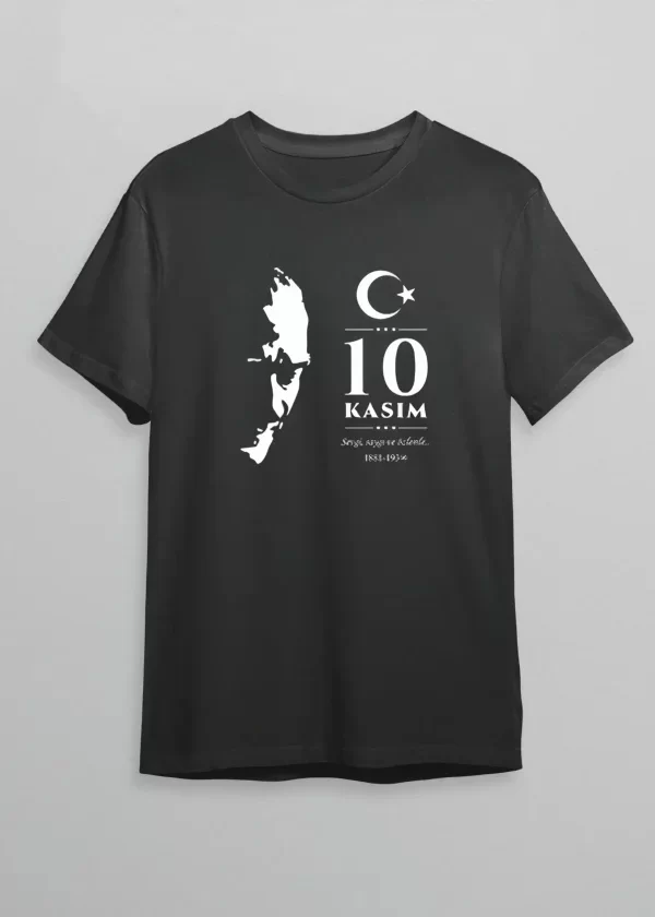 10 Kasım Atatürk Anma Günü Silüet Baskılı Oversize Bisiklet Yaka T-shirt - Siyah