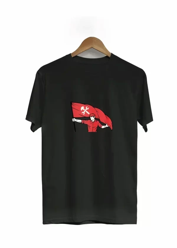 1 Mayıs Emek Ve Dayanışma Bayraklı Emekçi Baskılı Bisiklet Yaka T-shirt - Siyah