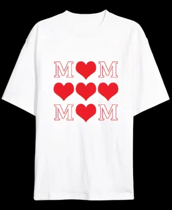 Anneler Günü Hediye MOM Kalp Baskılı Oversize Bisiklet Yaka T-shirt - Beyaz