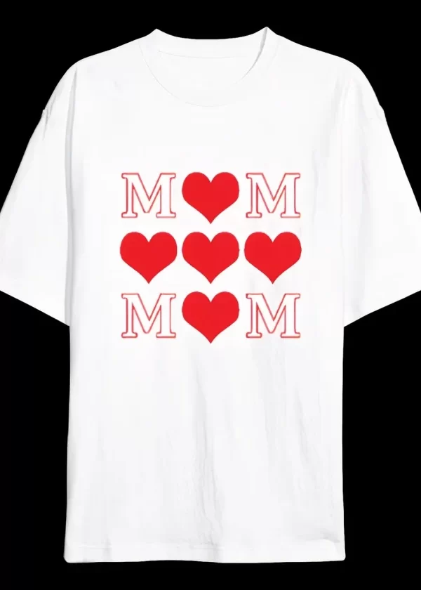 Anneler Günü Hediye MOM Kalp Baskılı Oversize Bisiklet Yaka T-shirt - Beyaz