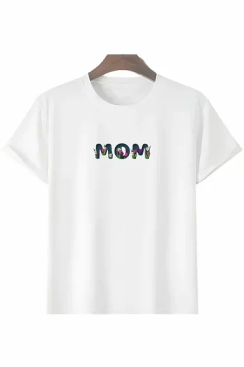 Anneler Günü Hediye Mom Çiçek Baskılı Oversize Bisiklet Yaka T-shirt - Beyaz