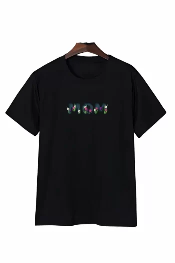 Anneler Günü Mom Çiçek Temalı Baskılı Oversize Bisiklet Yaka T-shirt - Siyah