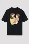 Anneler Günü Hediye Anne Kız Temalı Baskılı Oversize Bisiklet Yaka T-shirt - Siyah