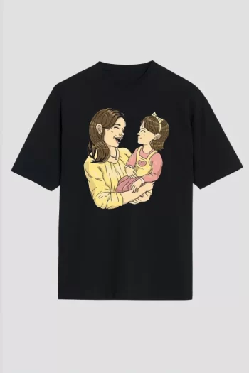 Anneler Günü Hediye Anne Kız Temalı Baskılı Oversize Bisiklet Yaka T-shirt - Siyah