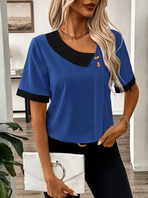 Kadın Kısa Kollu Asımetrik Yaka Detaylı Düğmeli Dubai Bluz - Görsel 2