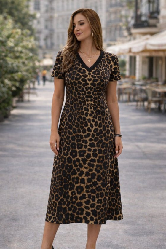 Kadın Kısa Kollu V Yakalı Leopar Desenli Kısa Süprem Elbise - Görsel 2