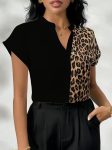 Kadın Kısa Kollu V Hakim Yakalı Leopar Desenli Sandy Bluza Marketplace