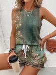Kadın Askılı Yuvarlak Yaka çiçek Baskılı Süprme Bluz Ve Short Ikili Takım