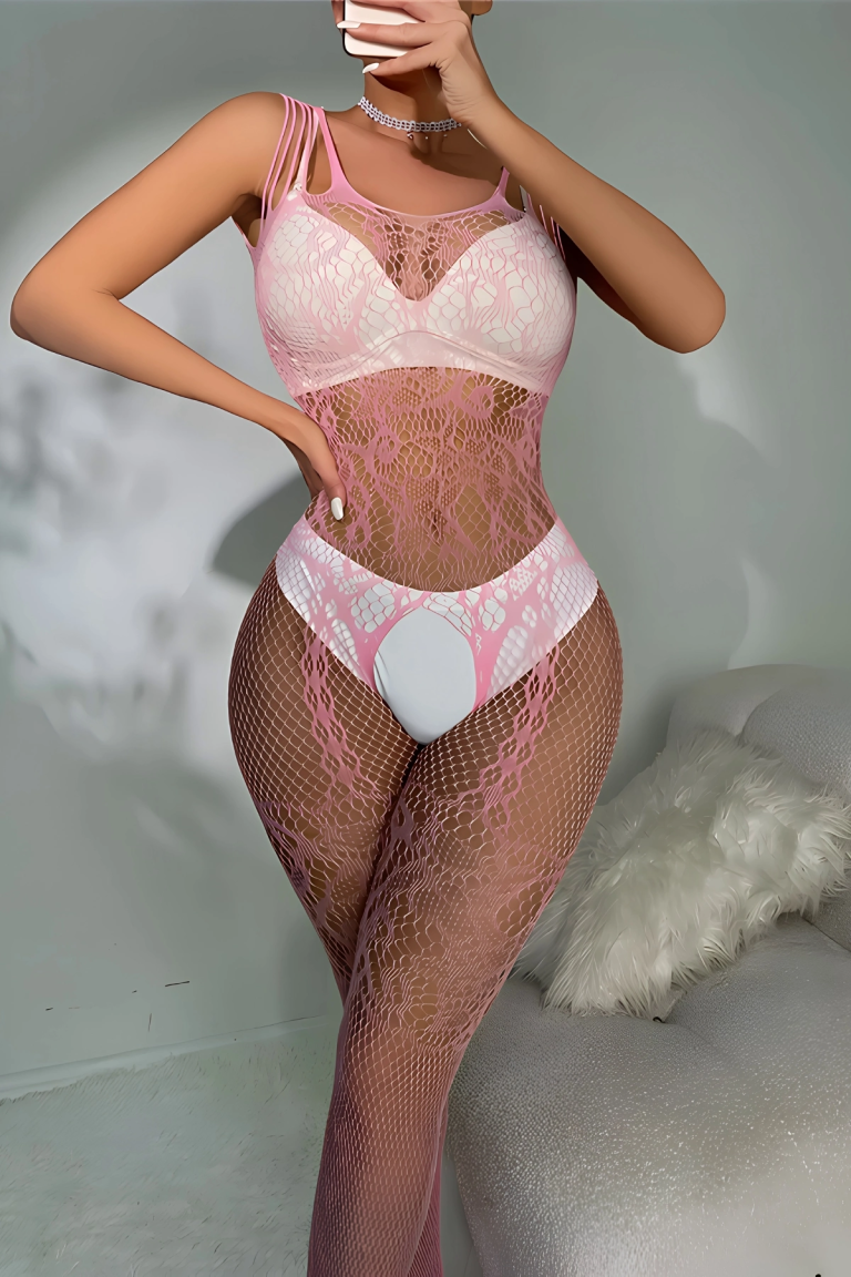 Pembe Askılı Dantel Detaylı File Vücut Çorabı