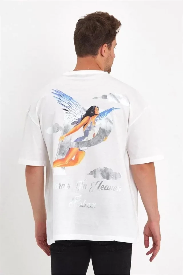 Erkek Melek Baskılı Oversize T-shirt - Beyaz - Görsel 2