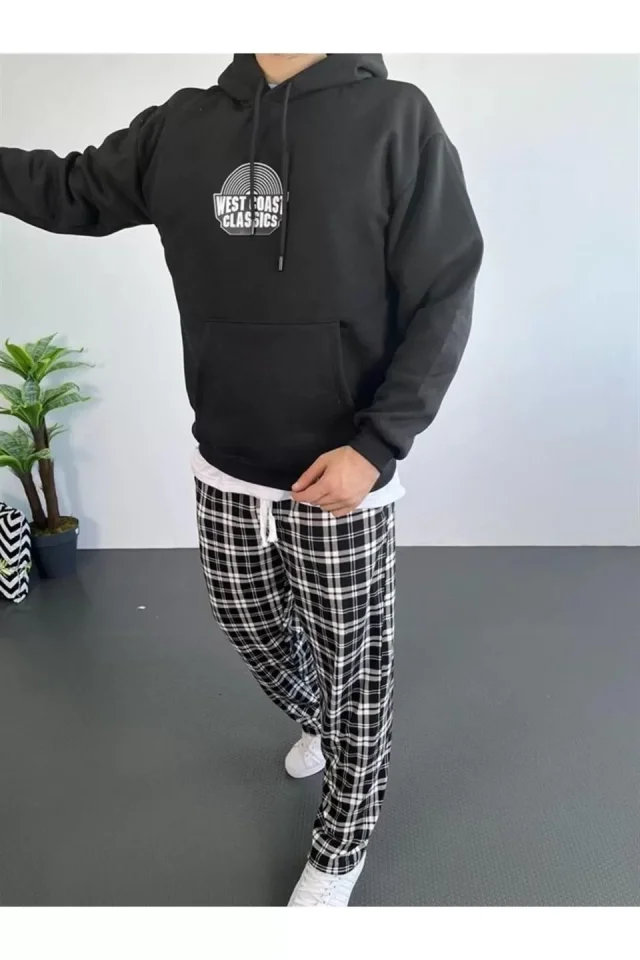 Erkek Sırt Baskılı Kapüşonlu Üç İplik Oversize Sweatshirt - Siyah - Görsel 2