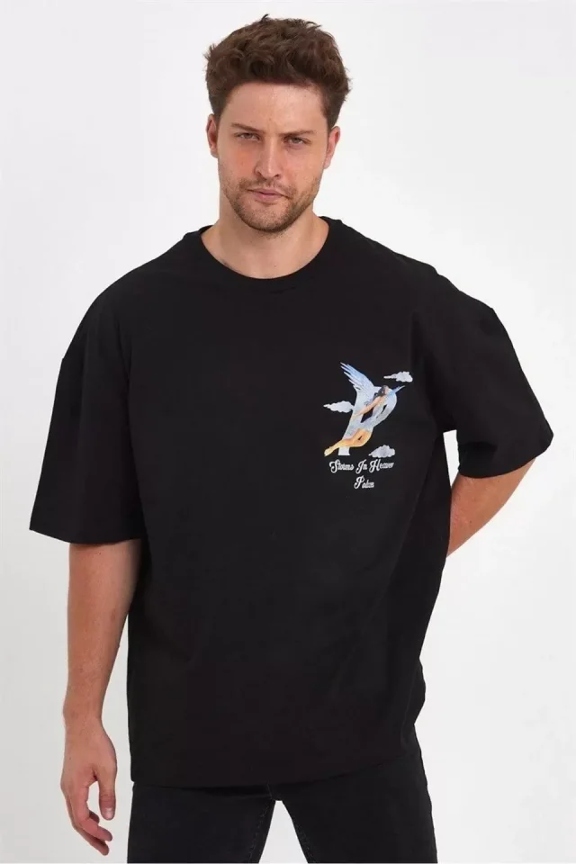 Erkek Melek Baskılı Oversize T-shirt - Siyah - Görsel 2
