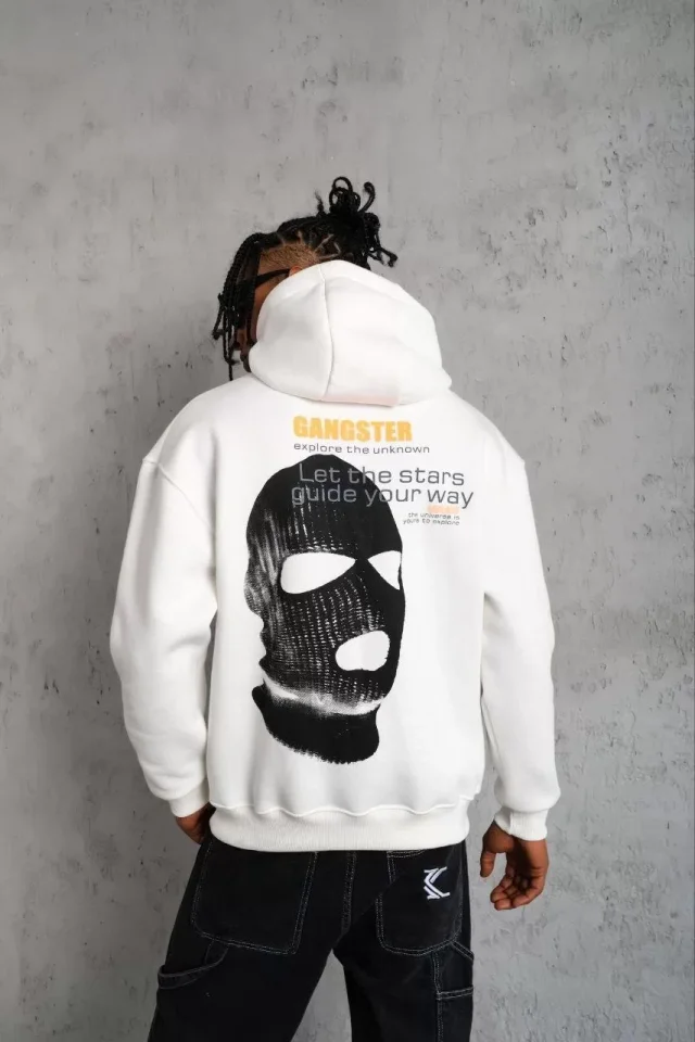 Erkek Kordonlu Maske Baskılı Kapüşonlu Sweat - Beyaz - Görsel 2