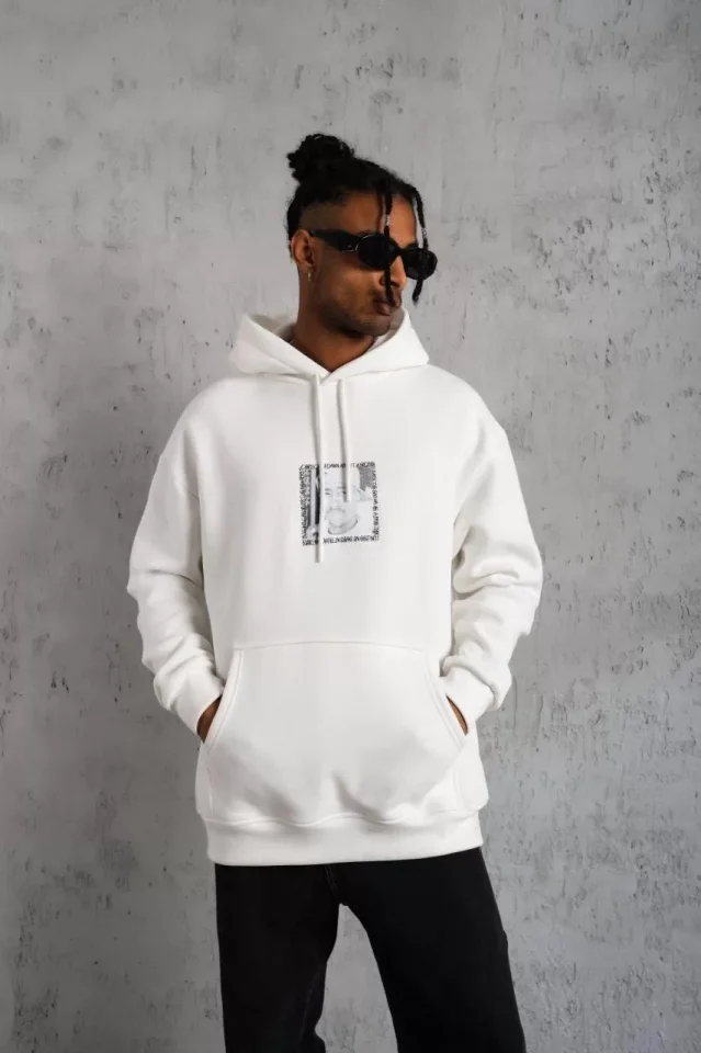 Erkek Ön Arka Baskılı Kapşonlu Sweat - Beyaz - Görsel 2