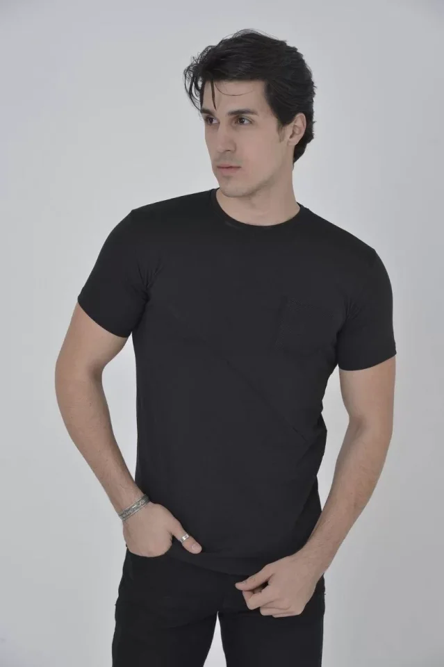 Erkek File Cepli Slim Fit T-shirt - Siyah - Görsel 2