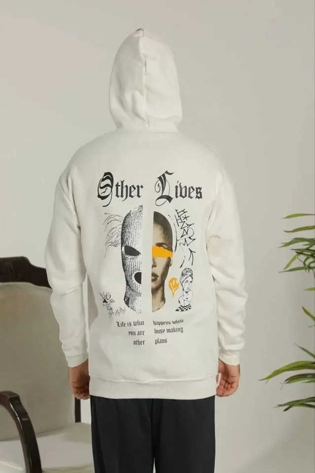 Erkek Sırt Baskılı Oversize Üç İplik Kapüşonlu Sweatshirt - Beyaz - Görsel 2