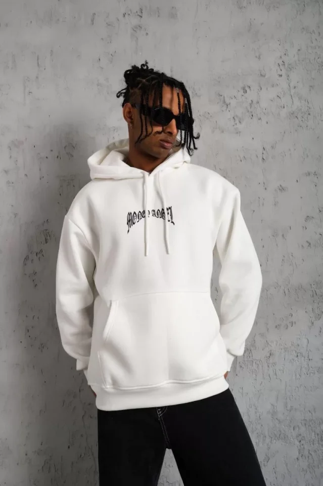 Erkek Kordon İpli Baskılı Kapüşonlu Sweatshirt - Beyaz - Görsel 2