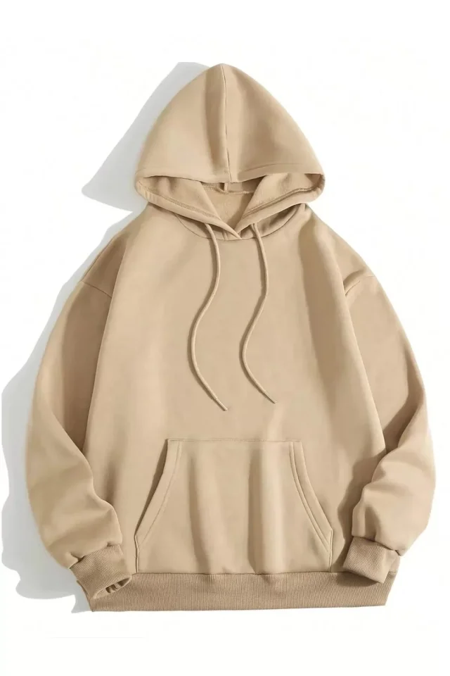 Erkek Düz Kapüşonlu Sweat - Bej - Görsel 2