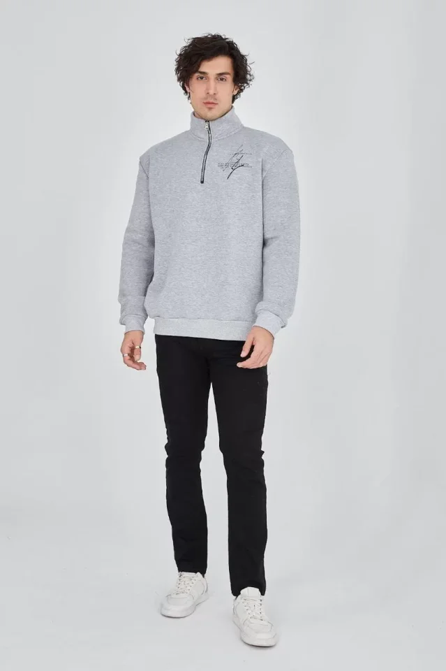 Erkek Yarım Fermuarlı Baskılı Sweat - Gri - Görsel 2