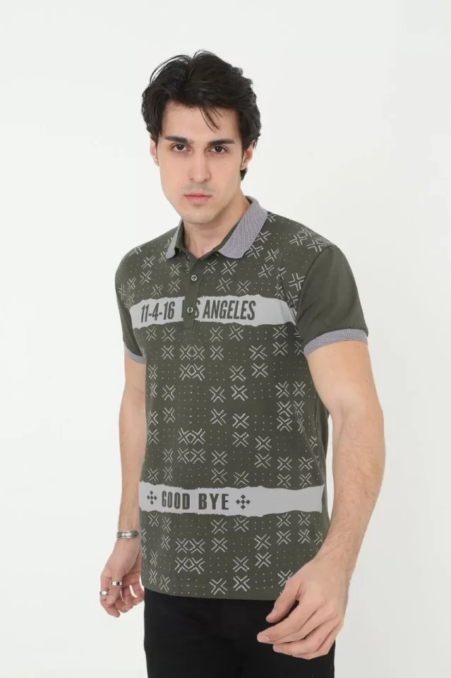 Erkek Yakalı Slim Fit Baskılı T-Shirt - Haki - Görsel 2