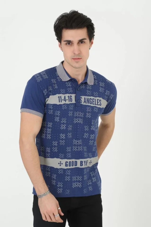 Erkek Yakalı Slim Fit Baskılı T-Shirt - Mavi - Görsel 2