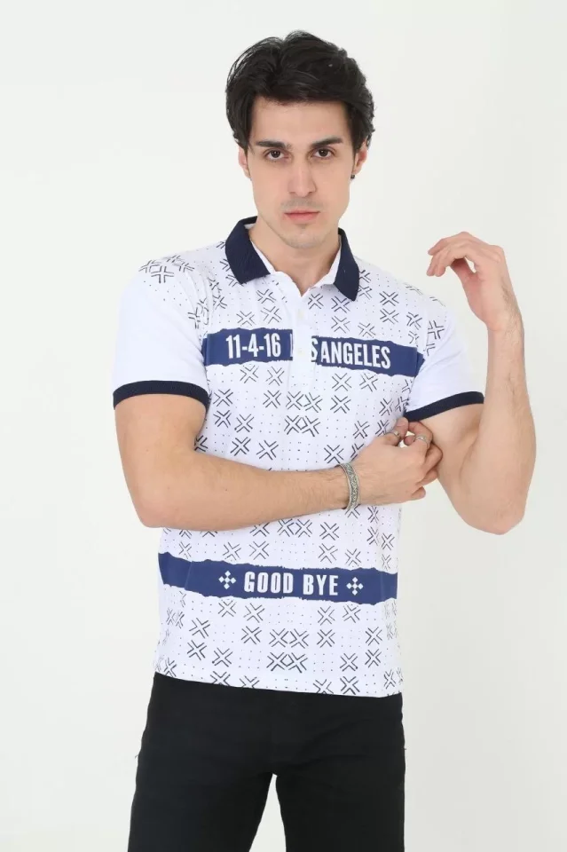 Erkek Yakalı Slim Fit Baskılı T-Shirt - Beyaz - Görsel 2