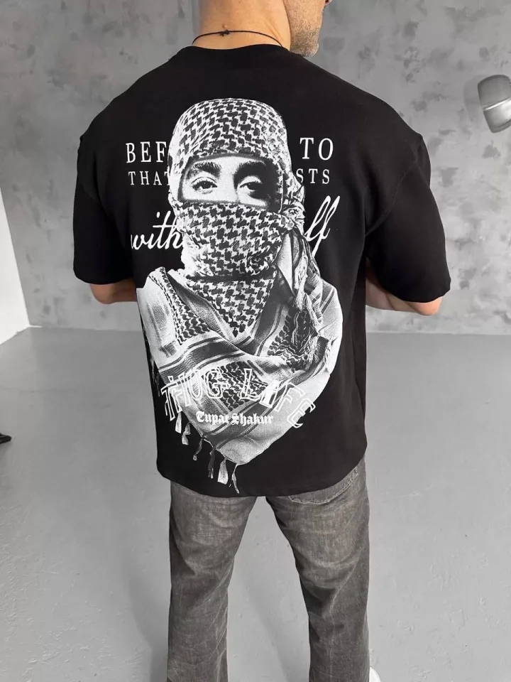 Unisex Baskılı Oversize T-Shirt - Siyah - Görsel 2